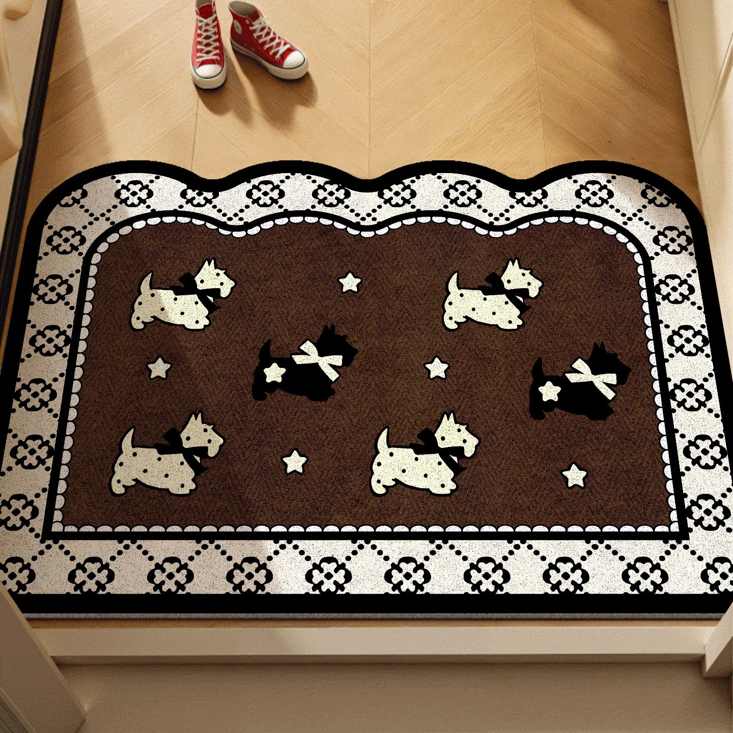 PVC Coil Scalloped Door Mat Cute West Highland Terrier Puppy Pattern Thick Non Slip Dirt Sand Trapping Waterproof Entrance Rug