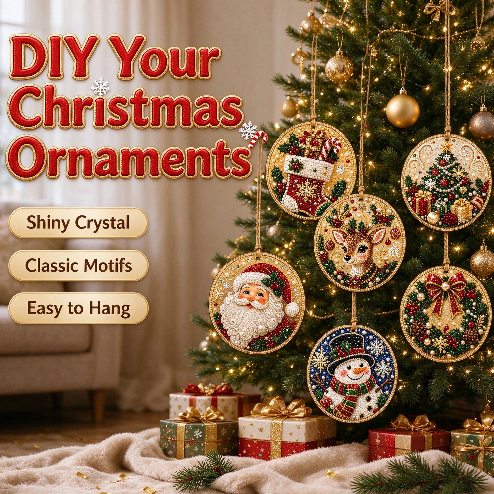 6PCS DIY Christmas Diamond Painting Kit Hanging Ornament Gold Border Home Wall Xmas Tree Deco Holiday Christmas Pearl Art Gifts