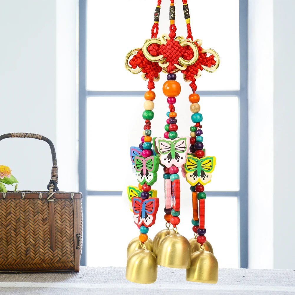 Ethnic Style Handmade Weave Chinese Knot Spacer Beads Painted Butterfly Bell Car Pendant Wind Chimes Garden Balcony Home Decor