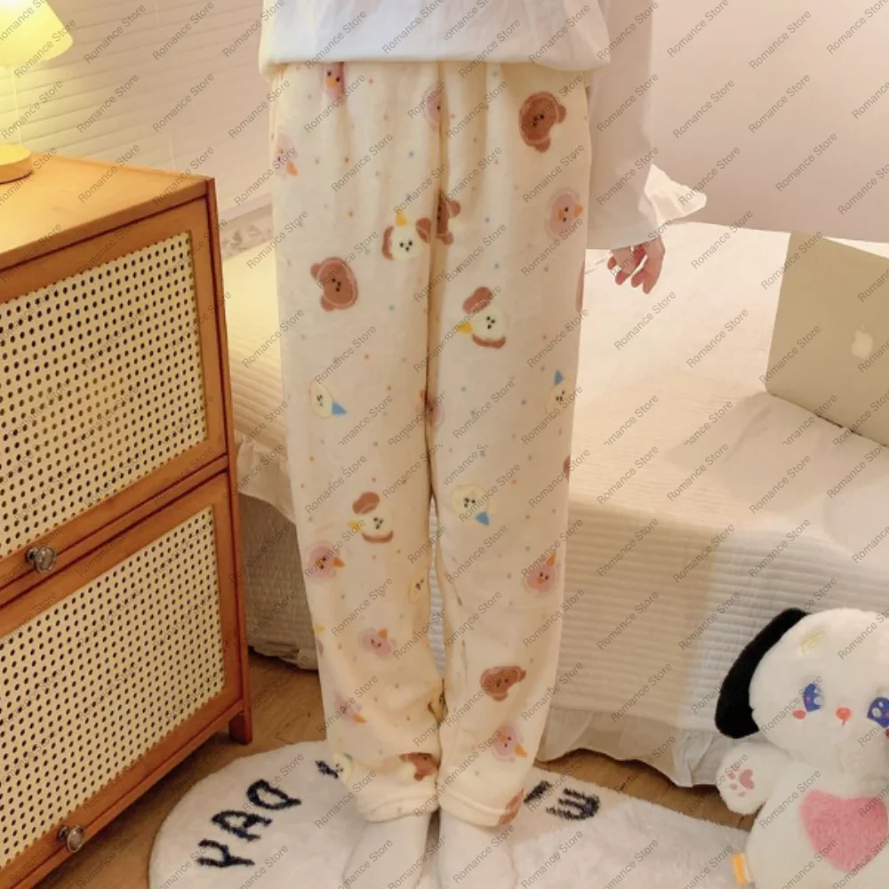 

Женские фланелевые пижамные штаны, теплые однотонные стильные удобные домашние штаны с героями мультфильмов, повседневные удобные брюки, осень-зима