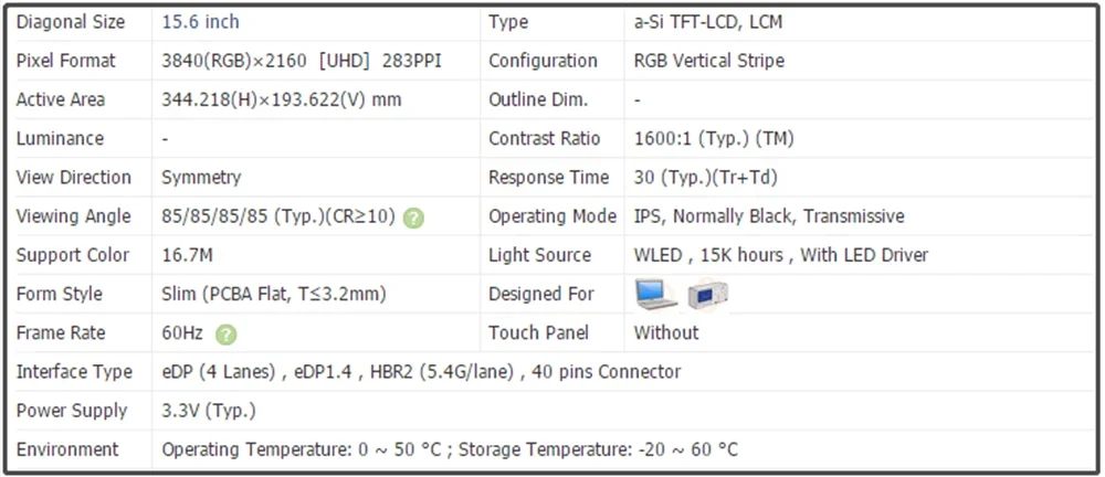 LP156UD3 SPB2 15.6 inch LCD Screen Laptop Panel 3840x2160 UHD 283PPI 40pins Non-touch LP156UD3-SPB2 IPS Slim