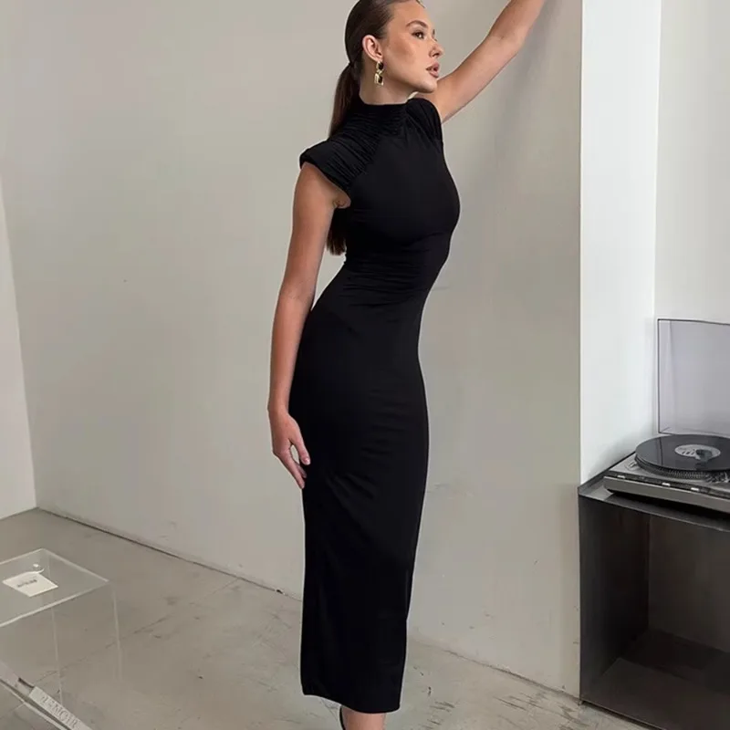 

Talenza Women's Fashion Maxi Dress Elegant Black Gathered Turtle Neck Sleeveless Slim Dress Luxurious Retro Party Dress Vestidos