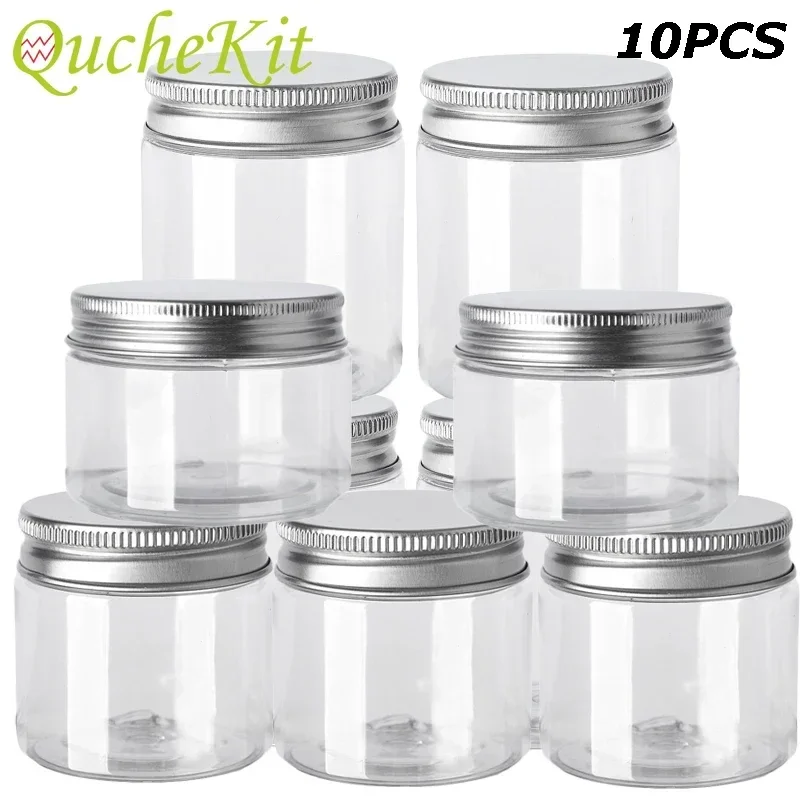 10Pcs Słoiki do przechowywania Przezroczysta aluminiowa nakrętka Puste kosmetyczne pojemniki na żywność Butelka podróżna Okrągły przezroczysty plastikowy słoik na krem do twarzy Pojemnik na próbki