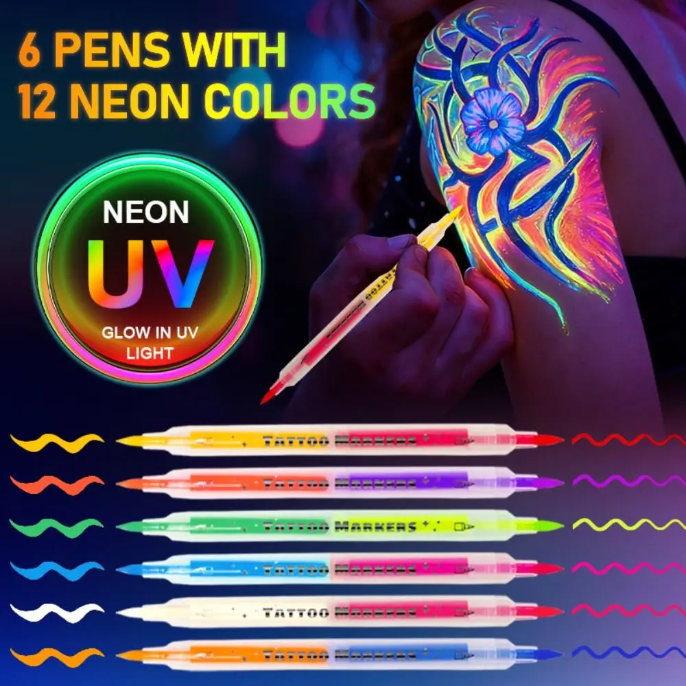 12 Colors Glow Face Paint Markers Easy Wash Off Non-Toxic UV Neon Face Paint Black Light Reactive Water-Based Temporary