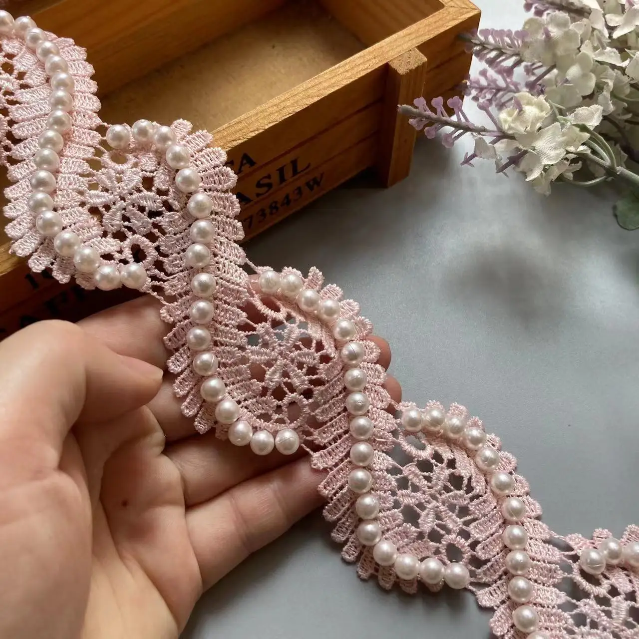 

10x Pink 55mm 3D Pearl Flower Polyester Silk Lace Trim Wedding Ribbon Floral Dress Curtain Home Textile Accessories Diy Sewing