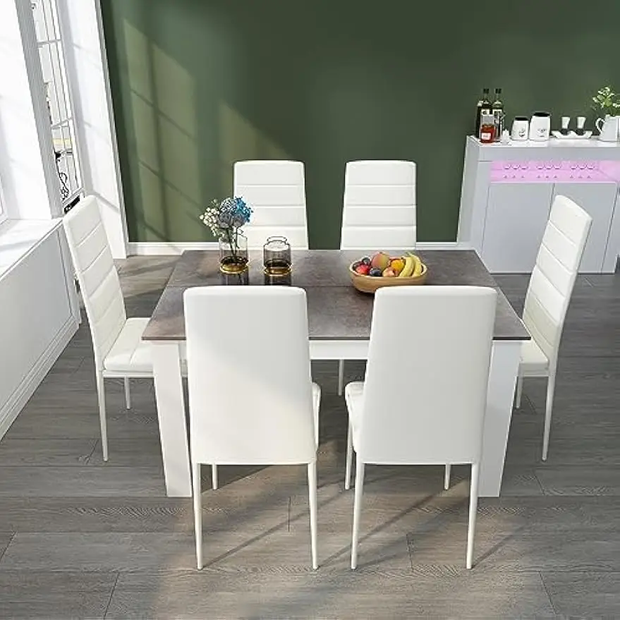 Dining Table and Chairs Set 6, 7 Pieces Kitchen Table Set with High Back Faux Leather Chair for Dining Room Kitchen Rectangular image 5