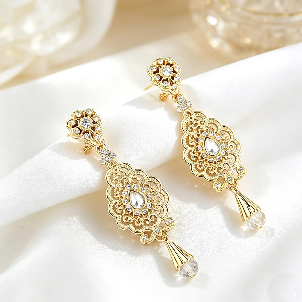 Sunspicems Gold Color Drop Earrings Moroccan Arabic Hollow Rhinestone Dangle Earrings Long Tassel Jewelry For Women Gift
