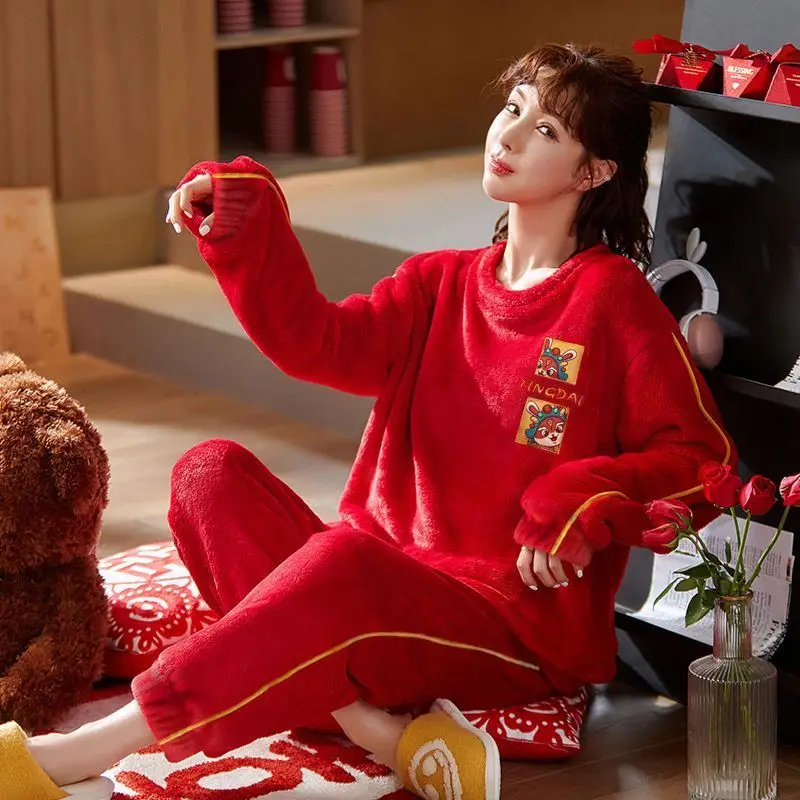 2024 New Fashion Joyous Red Coral Fleece Pajamas New Year's Birthday Gift Sleepwear Women Casual Cute Home Fur Set Outside Wear