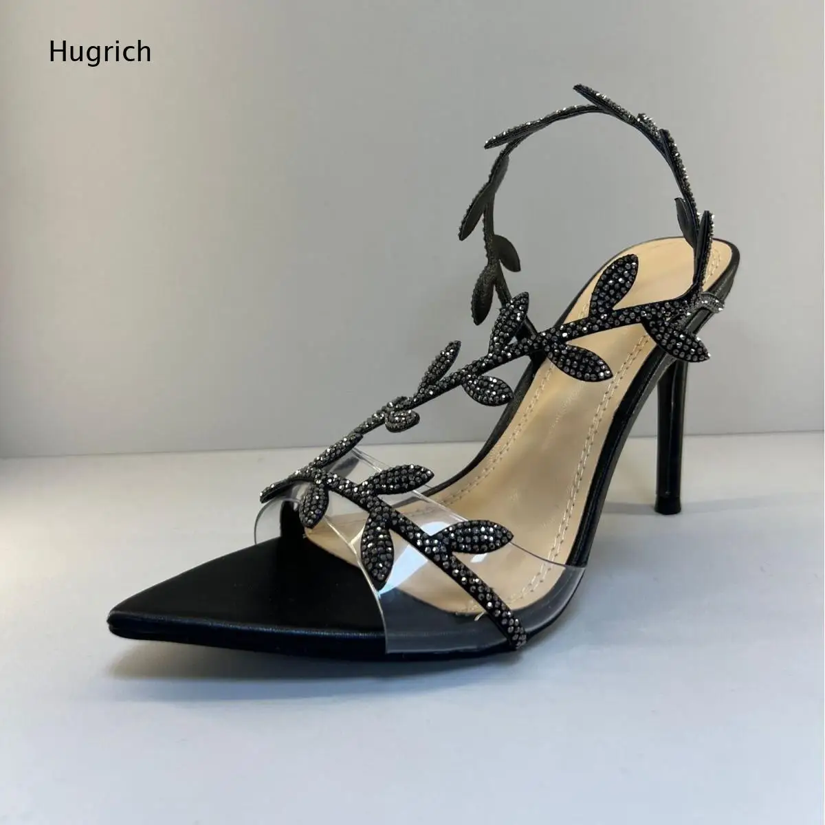 Women Crystal Leaf Pattern High Heel Sandals Pointed Peep Toe Rhinestone Vine Embellishment Slingback Stilettos Shoes