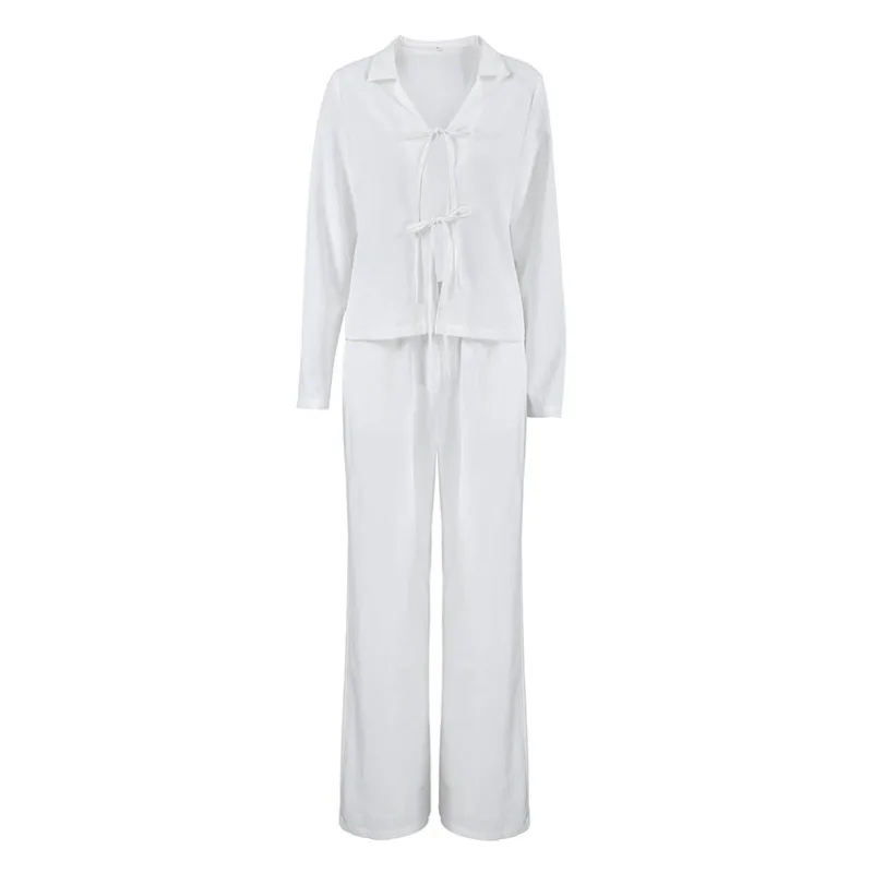 

2025 spring casual fashion white lace-up cardigan wide-leg trousers two-piece set 1206