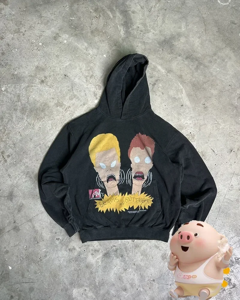 

Top Level Version Oversized BEAVIS AND BUTTHEAD Cartoon Print Hoodie Men Women 1:1 Best Quality Hooded Pullovers