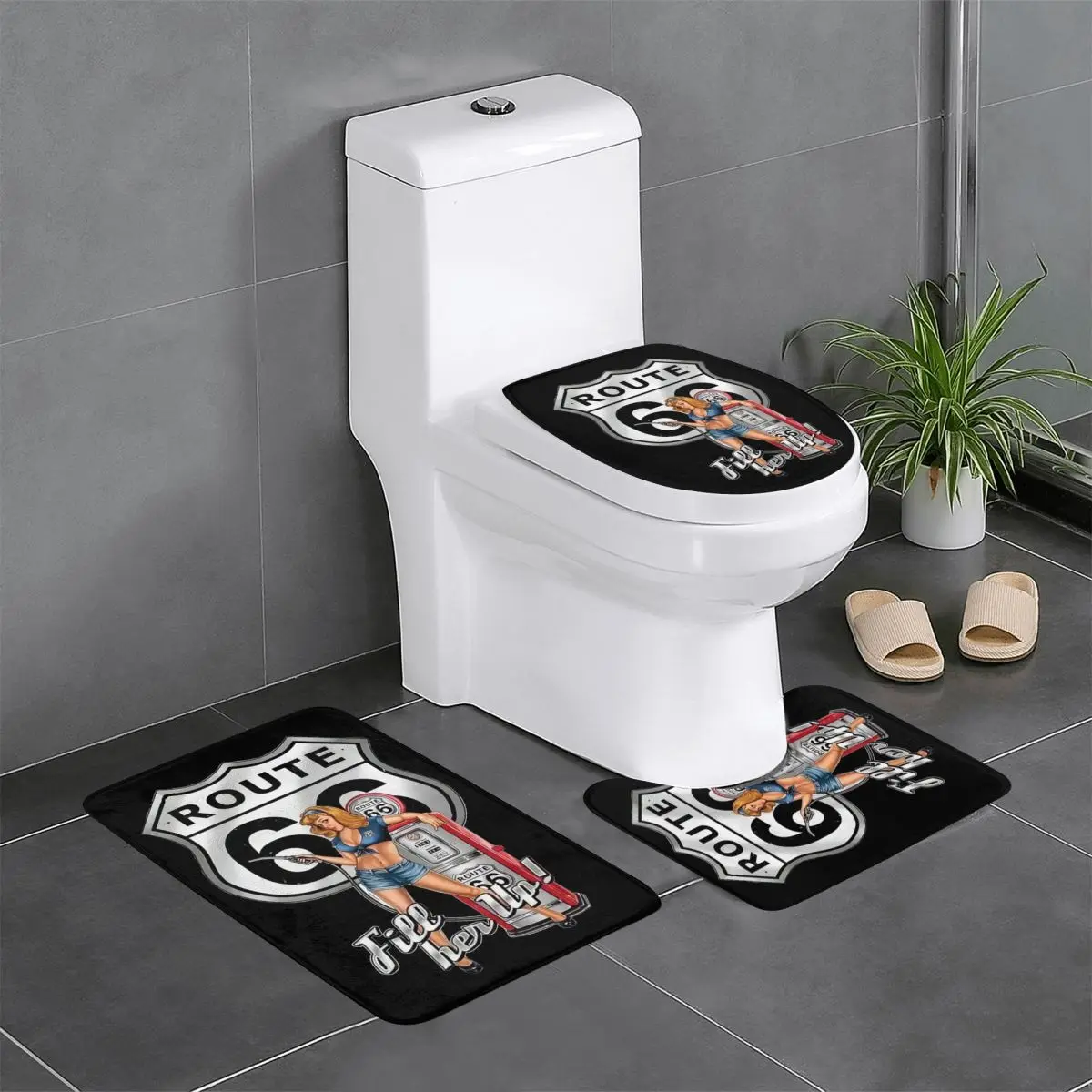 Custom Route 66 Gas Station Pin Up 3 Piece Bathroom Rugs Fill Her Up Non Slip Absorbent Toilet Bath Mat Set