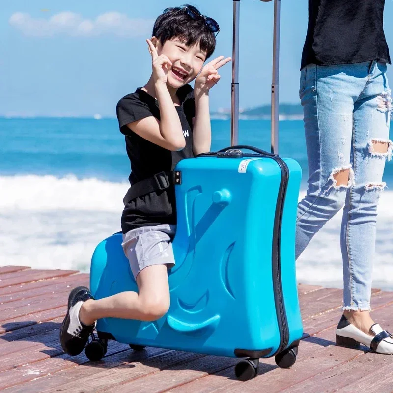 New Kids Riding Trojanl Luggage Hot Boys Girls Travel Trolley Alloy Children Sitting Rolling Luggage Suitcase Spinner Wheels