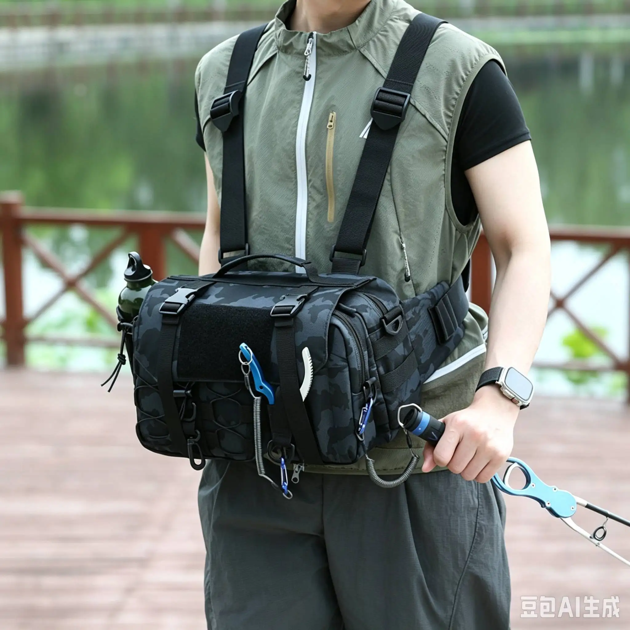 Fishing Tackle Chest Waist Backpack Tactical Lure Storage Pack MOLLE Multi Pocket Waist Crossbody Sling Bag for Outdoor Angling
