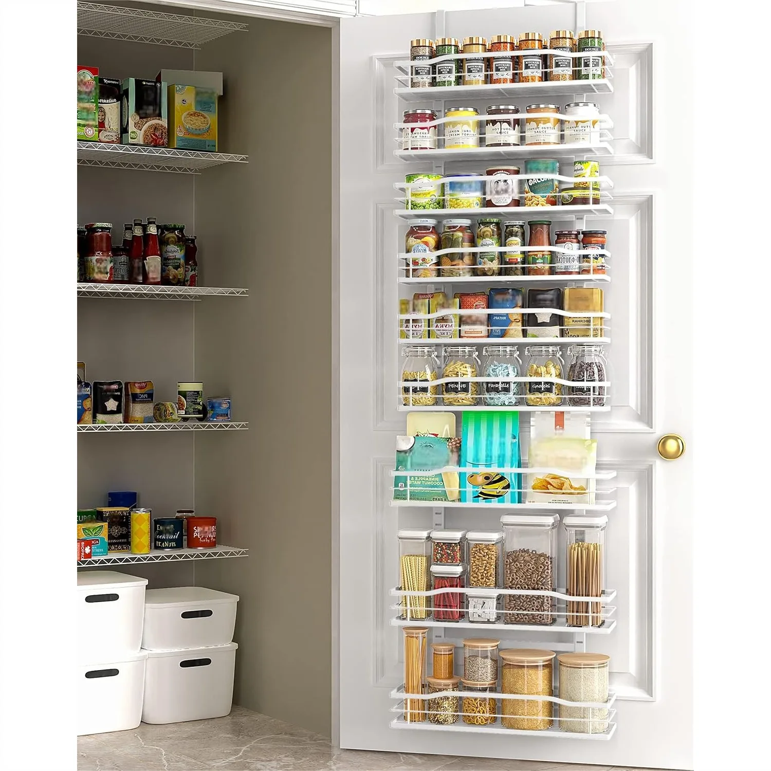 

White 9-Tier Over The Door Pantry Organizer, Metal Hanging Spice Rack Shelves for Kitchen, Laundry & Bathroom Storage