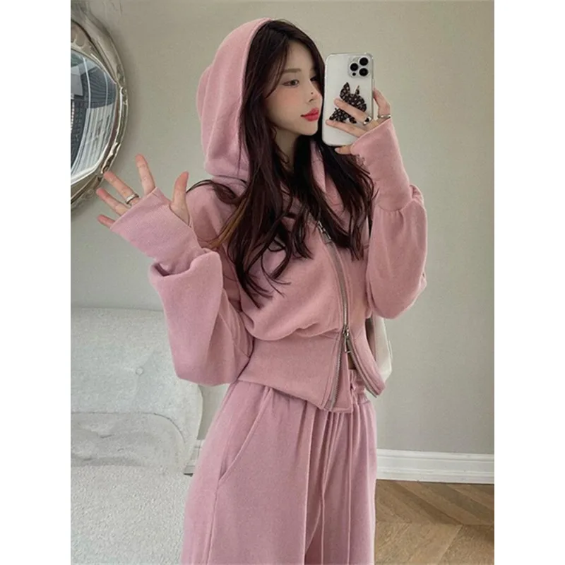 Casual Hooded Sweatshirts Tracksuit Women Coat Double Zip Up Crop Top Drawstring Waist Sweatpant Harem Pants 2 Piece Sets N441