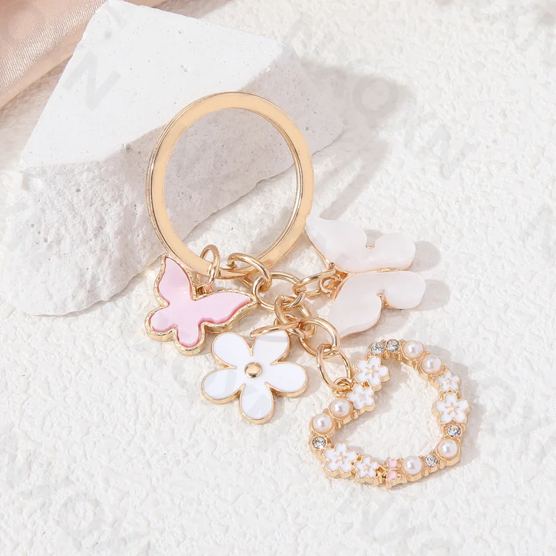 Heart Flowers Pretty Butterfly Enamel Keychain Plant Flying Insect Key Ring For Women Girl Friendship Gift Handmade Jewelry Set