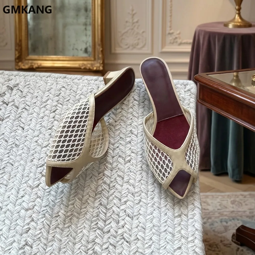 GMKANG Women's V-Shaped Mesh Fishnet Toe High Heel Mule Sandals, Minimalist Business Style, Breathable Open Back