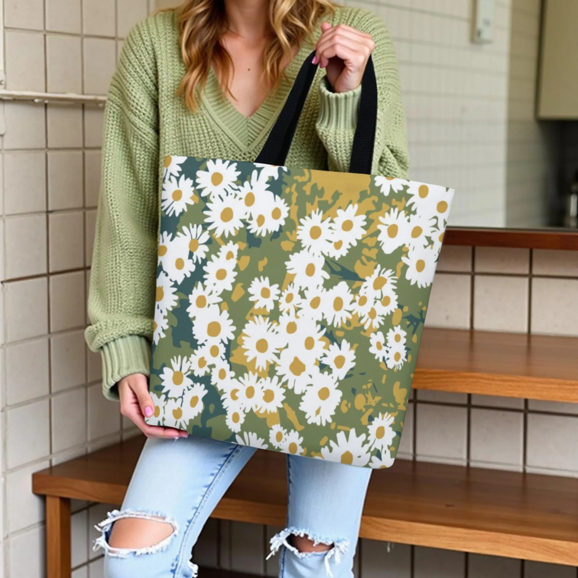 Borsa tote in tela margherita stile terroso Borsa a tracolla dal design floreale verde per donna Eco adatta per picnic primaverili Viaggi floreali