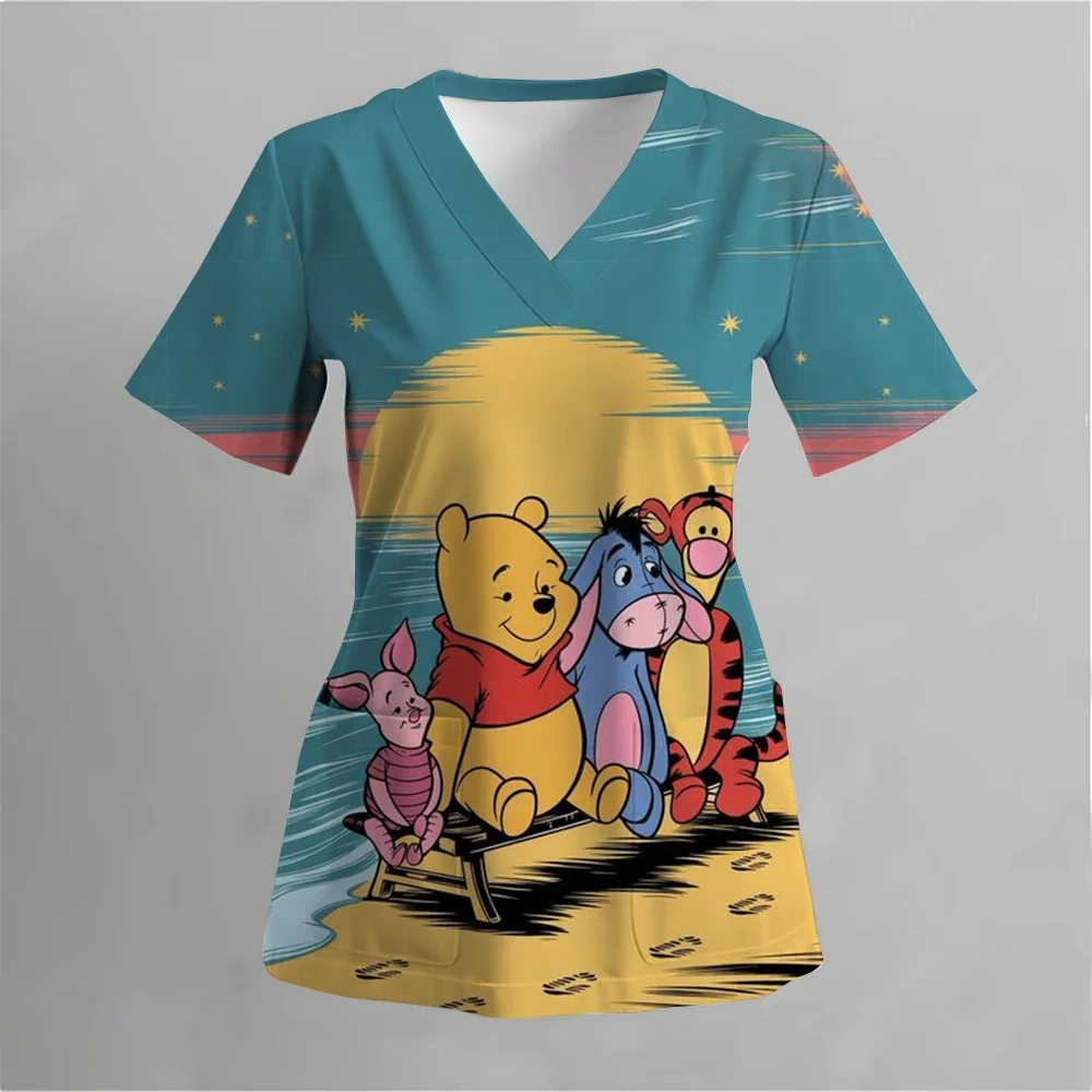 

Surgical Gown women's 3D Winnie The Pooh Printed V-neck Nursing Pocket Veterinary Workwear women's Medical Gown