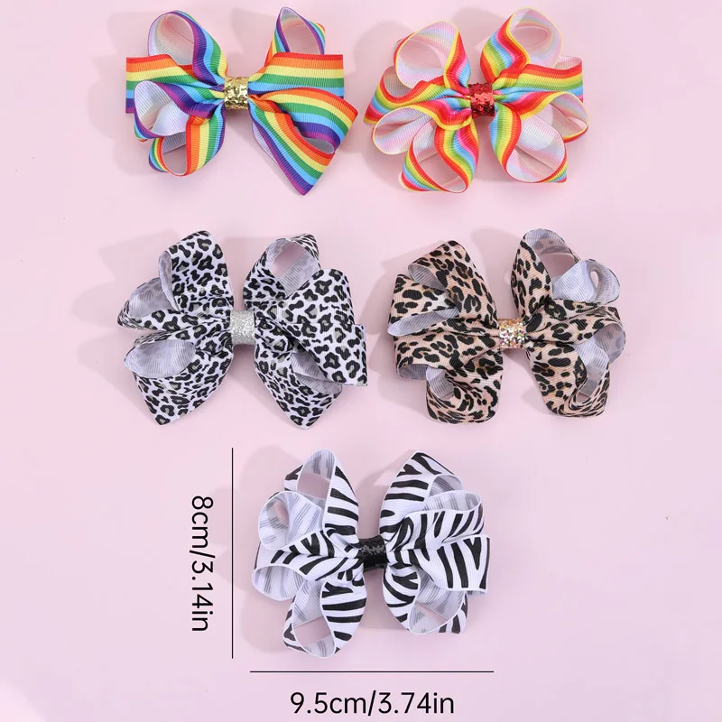 Fashion Ribbon Leopard Print Hairpins Barrettes Handmade Rainbow Hair Bow Clips For Girls Kids Hair Party Styling Accessories