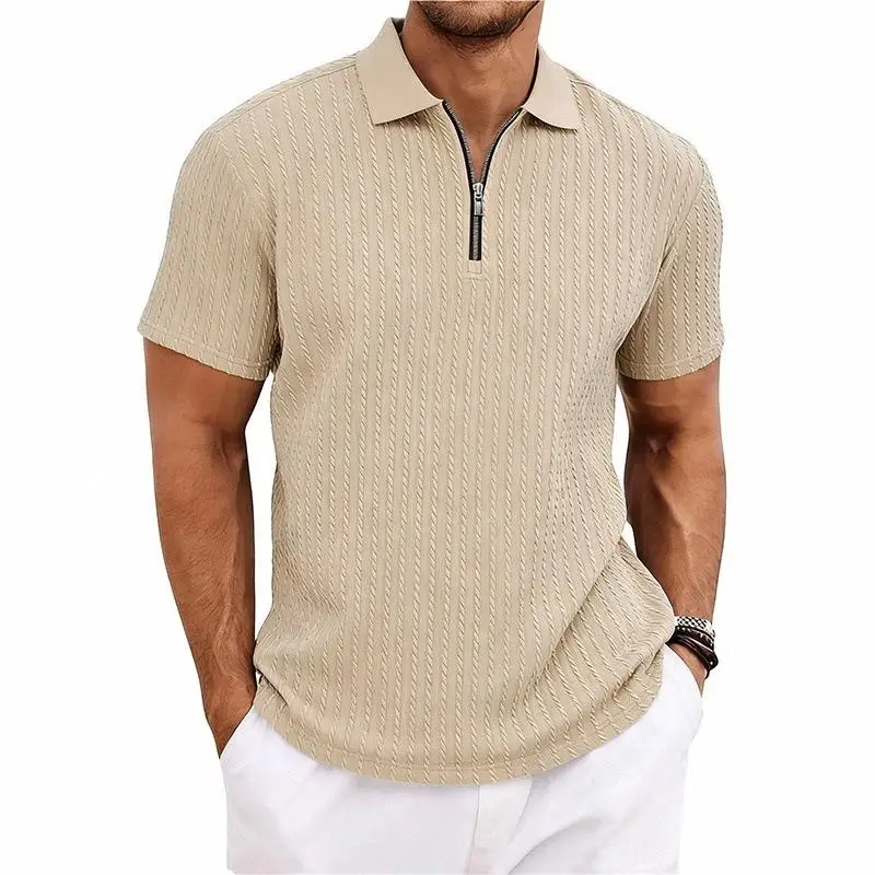 New Summer Men's Casual Knitted Texture Zipper Short Sleeve  Shirt Comfortable Breathable Cool Feeling Polyester Blend
