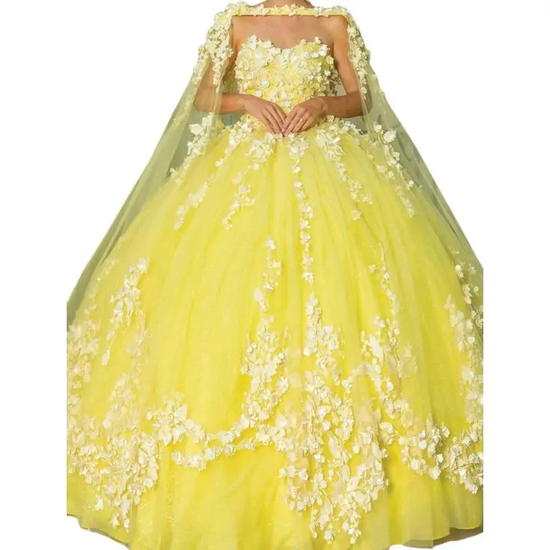 Customized Yellow Prom Dresses With Wrap Flower Applique Puffy Sweet 16 Girl Birthday Party Gown vestidos de 15 quinceañera 2024