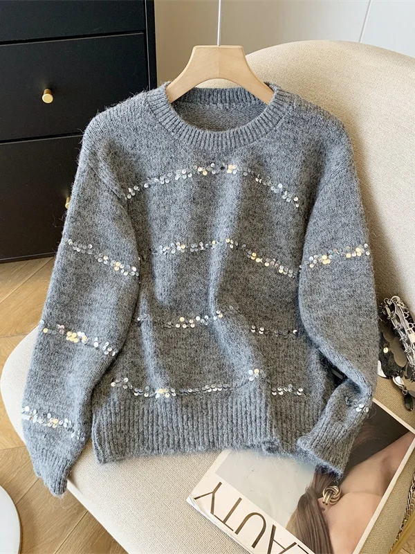 

Мягкий свитер с блестками Thiened ey, женский осенне-зимний вязаный свитер Lazy Sle, корейская версия, прямая трубка для поездок на работу