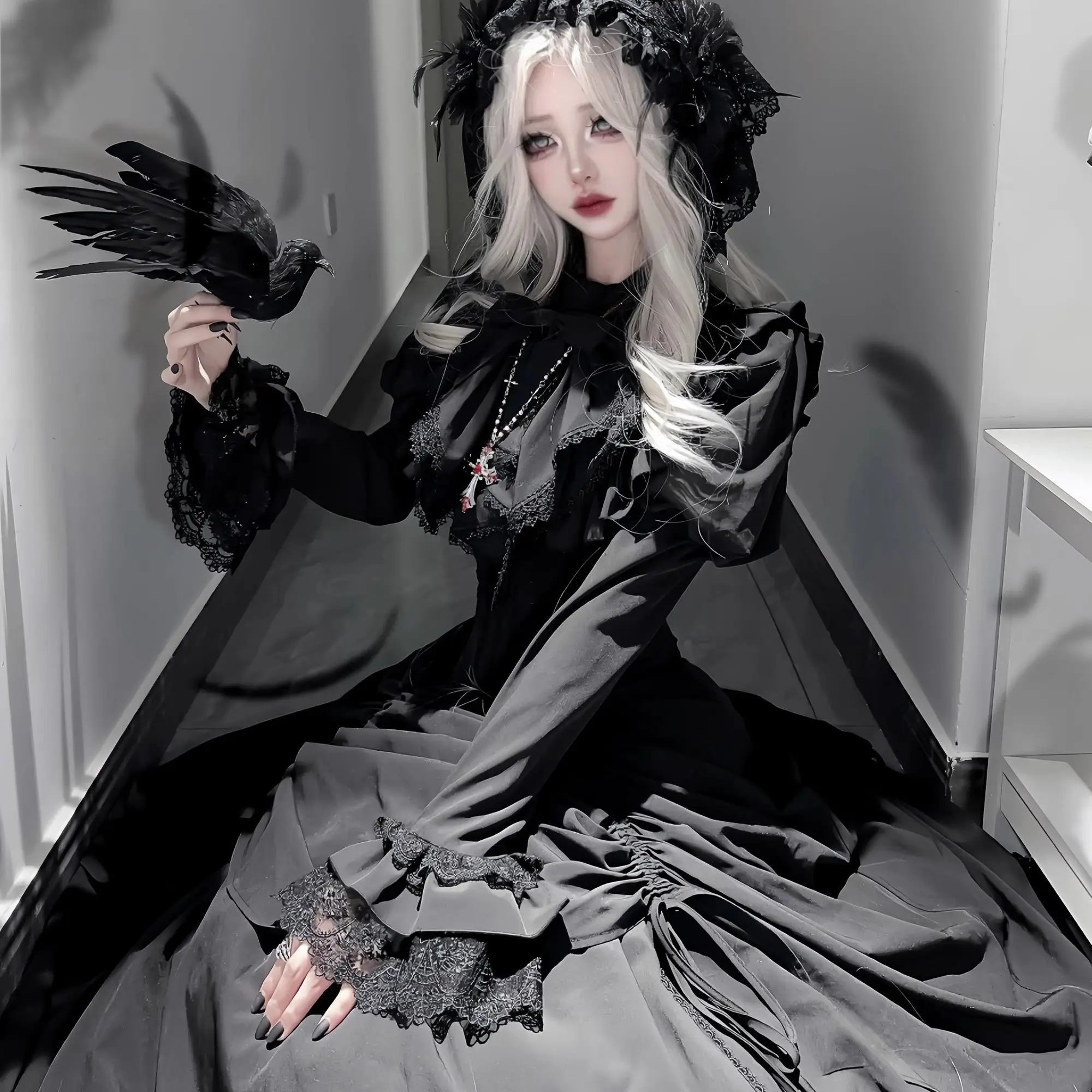 NONSAR Dark Gothic Lolita Fishbone Corset Skirt Sets Women Vintage Long Sleeve Shirt Witch High Waist Ruffles Slim Black Skirt