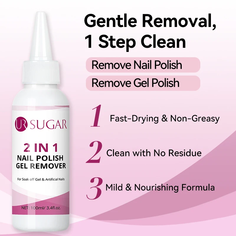 UR SUGAR 2 IN 1 Rimozione gel per smalto 100ml Rimozione pulizia rapida Smalto gel per unghie Formul delicato per smalto gel Non è necessaria la lampada curata