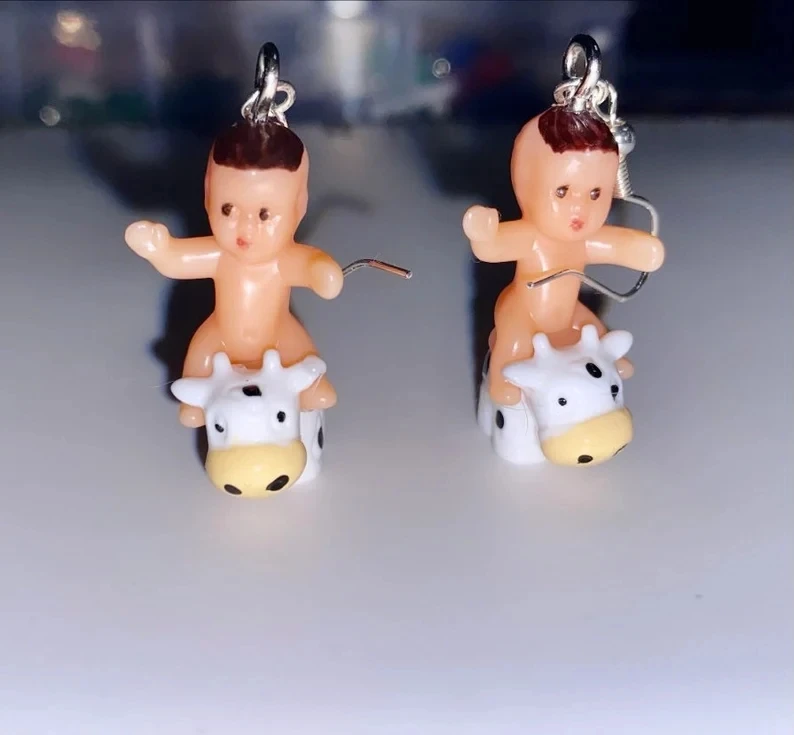 Baby Riding Cow Earrings Weird Quirky Weird but funky earrings accessory cute earrings women 2022 trending
