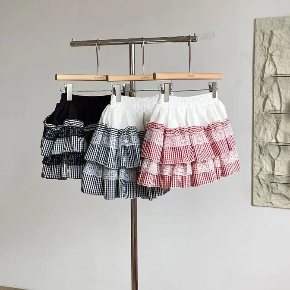 Lolita Lace Grid Cake Skirt Plaid Stripe Ruffle JK A-line Short Skirt with Safety Pants Multi-layer Lace Pleated Mini Skirts