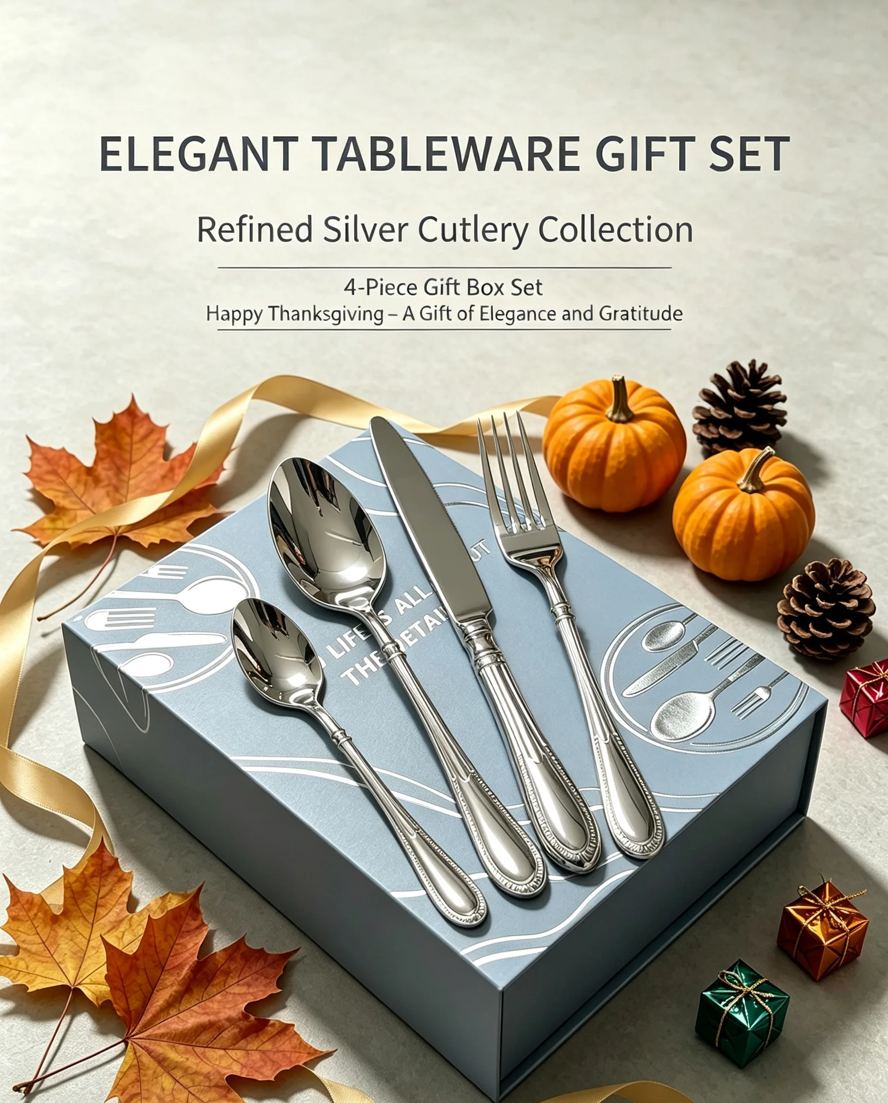 Thanksgiving Dinner Silverware 4Pcs Gift Box 304/420 Stainless Steel Cutlery Straight Top Round Bottom Handle Flatware Set