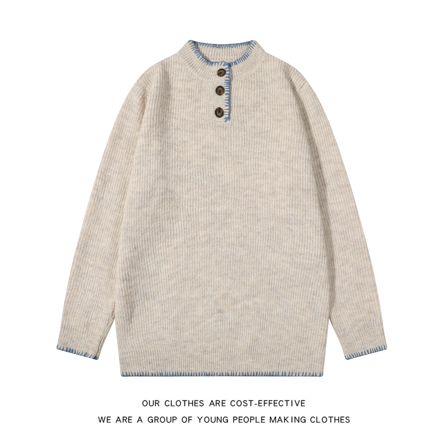 

Утепленный вязаный свитер с воротником Хенли ручной работы для мужчин, осенне-зимний, свободный, теплый, в стиле ретро, унисекс, для пар