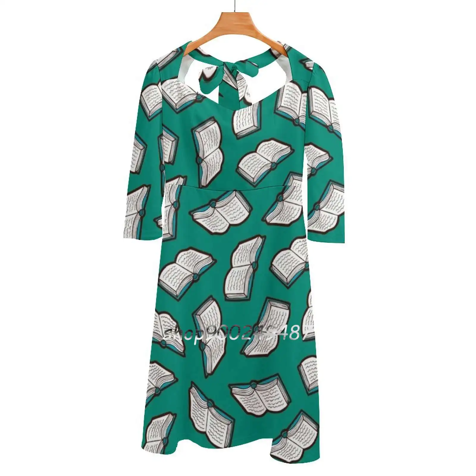 Bookish Reading Pattern In Jade Square Neck Dress Cute Loose Print Dresses Elegant Beach Party Dress Book Books Reading Read