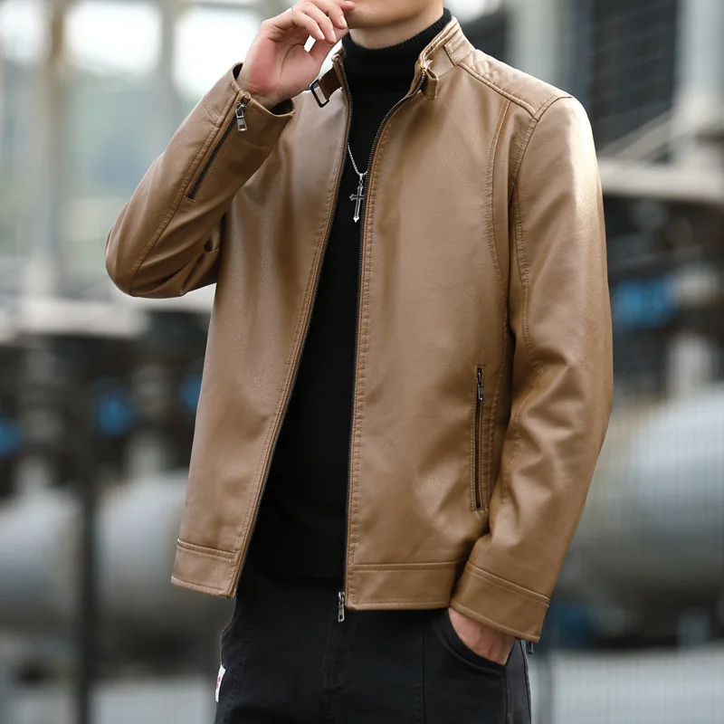 Spring Autumn Motorcycle Jacket Man Slim Fit Handsome Stand Collar Leather Coat Fashion Casual Business PU Leather Jacket