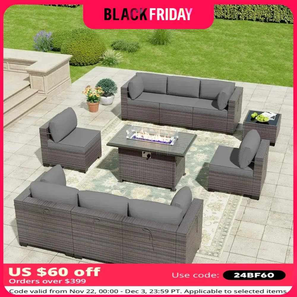 10 Pcs Outdoor Patio Furniture Set with 55000BTU Gas Propane Fire Pit Table,PE Wicker Rattan Sectional Sofa Conversation Sets