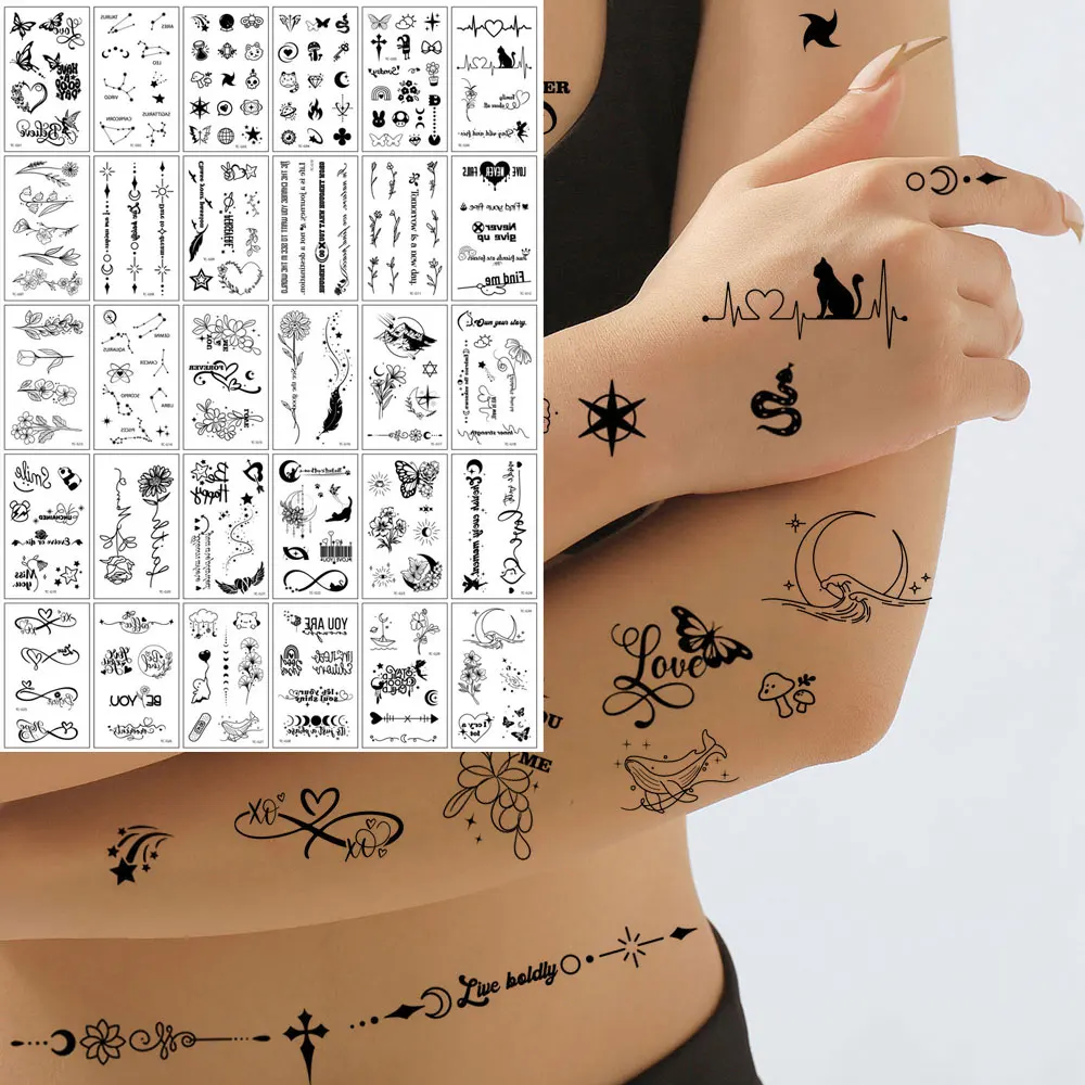 30 ورقة من ملصقات الوشم المؤقت على شكل زهرة سوداء وفراشة بأنماط صغيرة مقاومة للماء للنساء