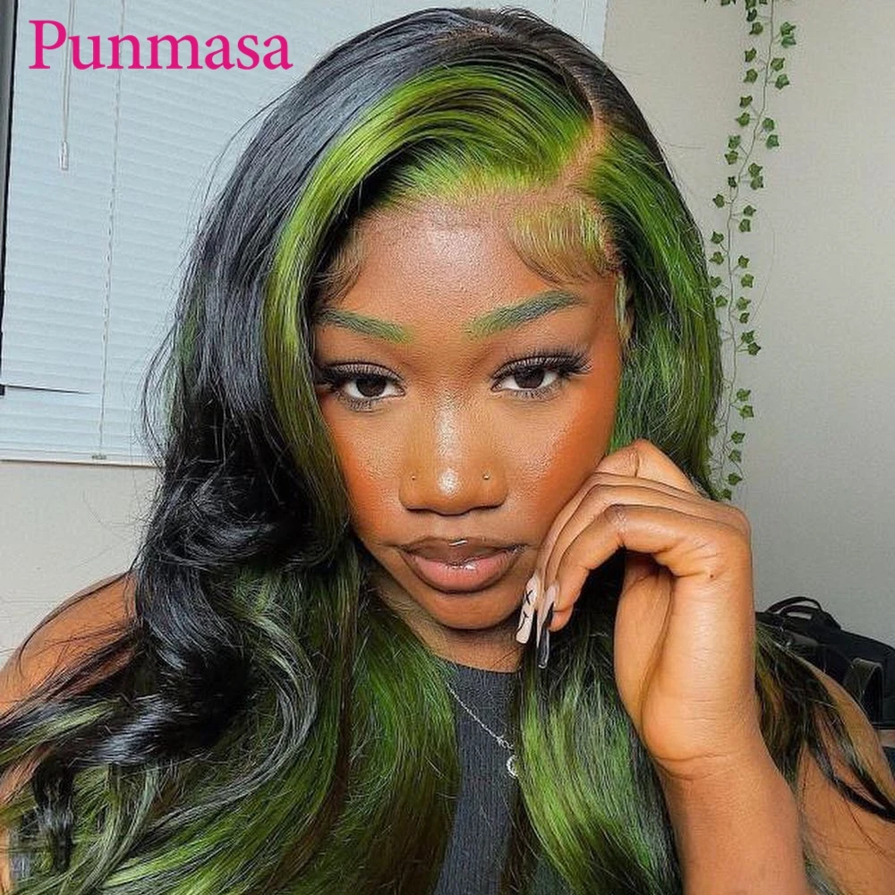 30Inch 13x6 Green Splice Body Wave Human Hair Wigs Transparent Lace Front Wigs for Black Women PrePlucked 200%  13X4 Frontal Wig