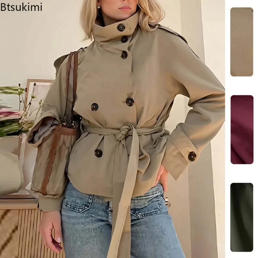 New Women Cropped Trench Coat Belted Waist Double Breasted Stand Collar Vintage Chic Autumn Casual Outerwear Ladies Short Jacket