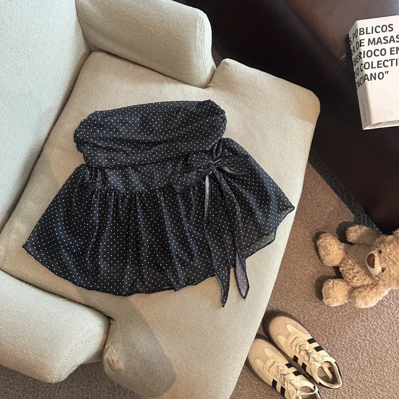 الكورية Y2K منقطة تنورة صغيرة المرأة Kawaii لطيف القوس ضمادة التنانير السوداء الصيف موضة طباعة تصميم ألف خط Faldas جديد #3