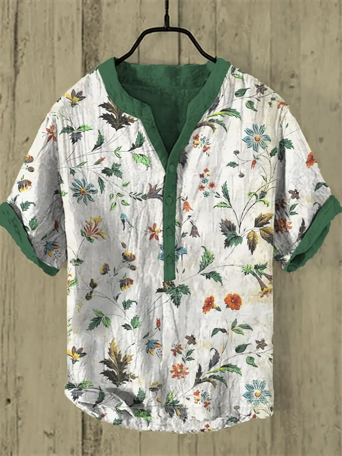 

2024 Trendy New Summer Japanese Retro Art Printed Linen Comfortable Henry Shirt Men's Casual Button Short Sleeve V-neck Shirt