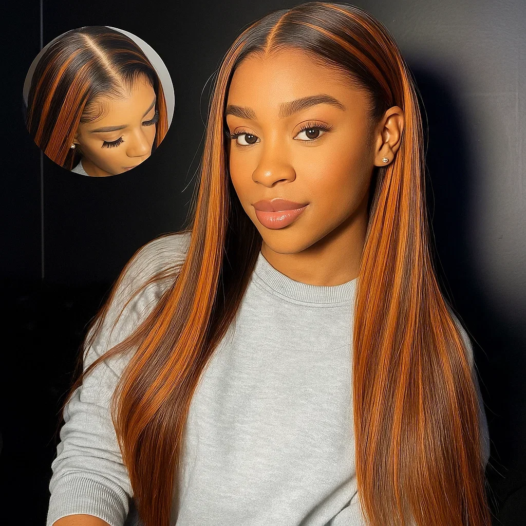 5x5 HDレースハイライトブラウンプレカットグルーレスウィッグ装着簡単人毛プレプラッキング済みジンジャーカラーストレートウィッグ女性用