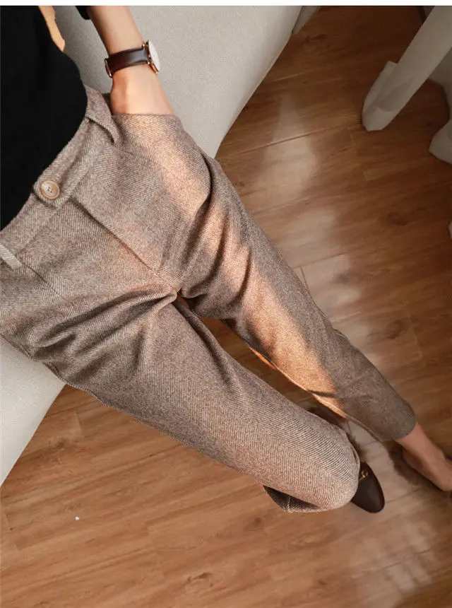 Wool Woolen Harem Trousers Women's Autumn and Winter New High Waist Slimming Ankle-Tied Suit Pants Loose Casual Cigarette Pants