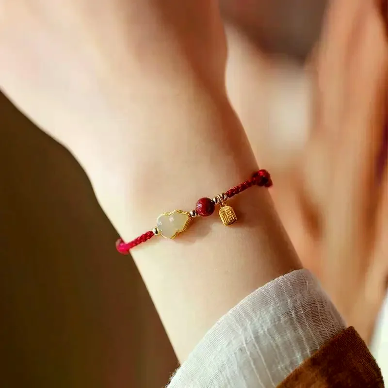 Hand Braided Red Lucky Bracelets For Couples Imitation Jade Calabash Cinnabar Beads Bracelet Good Fortune Bangles New Year Gift