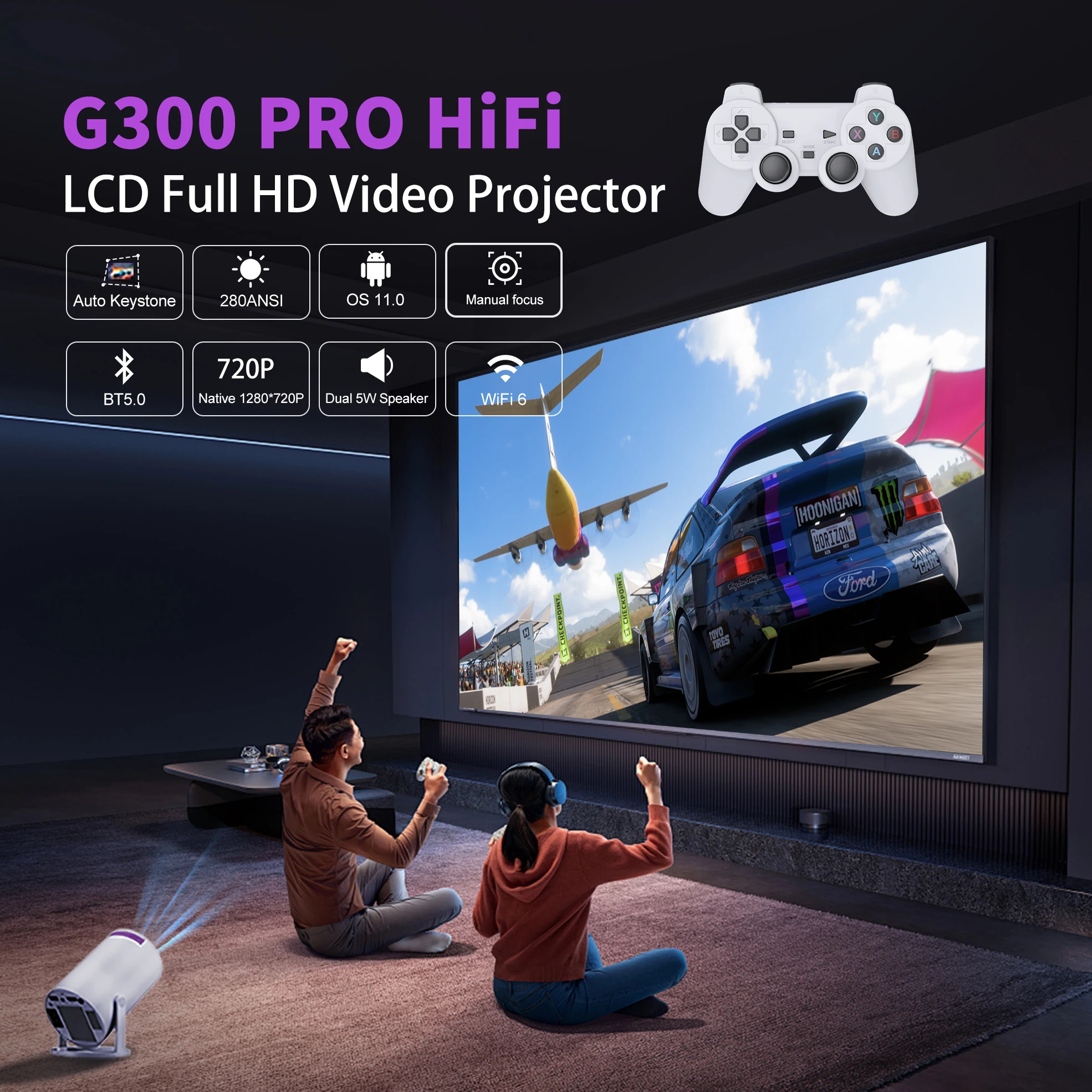 Игровой проектор Velec HY300 Pro Hi-Fi 2IN1 Android 11 проектор с 2 беспроводными игровыми контроллерами встроенный проектор для игр 20000+