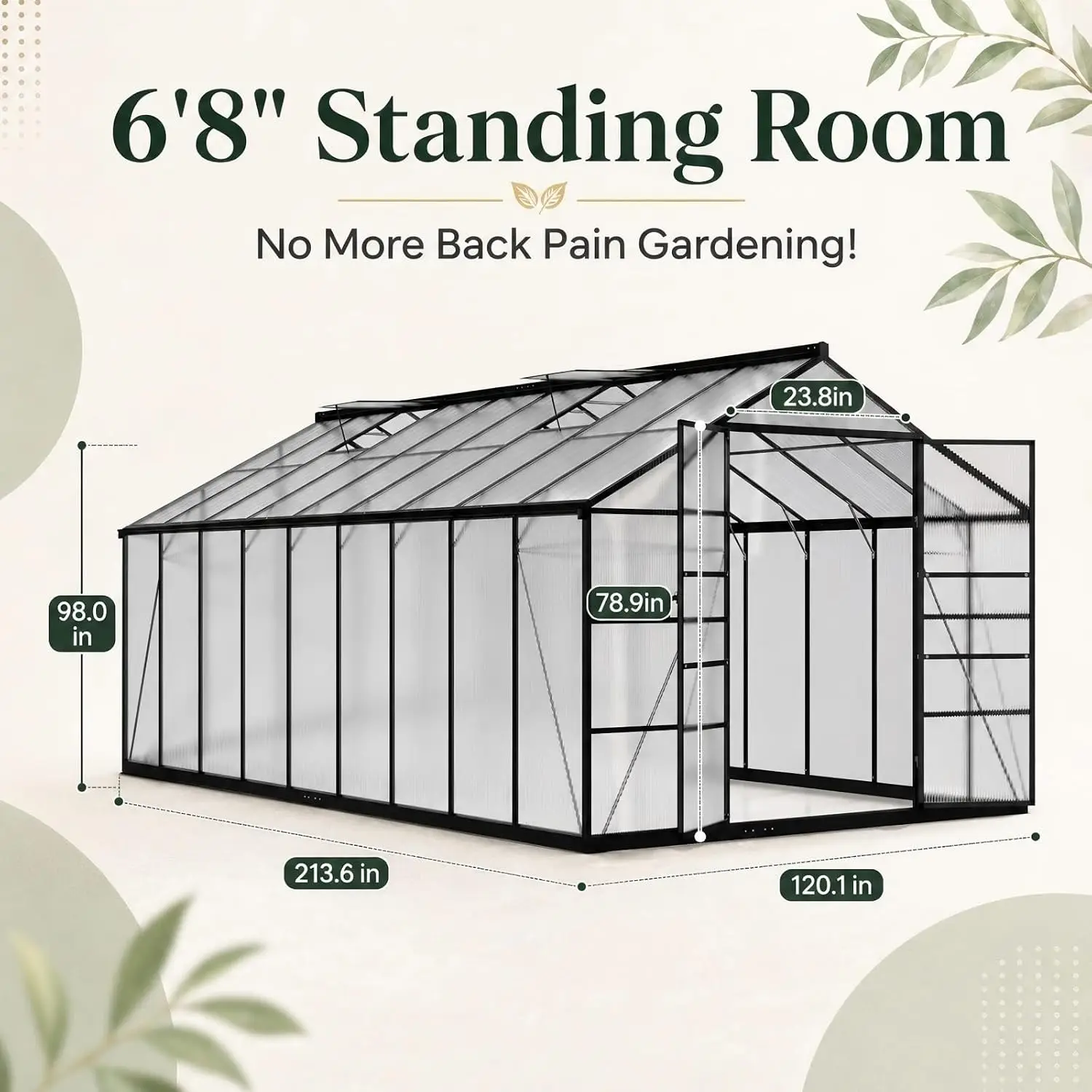 10x18 FT Aluminum Greenhouse, Durable Walk-in Polycarbonate Greenhouse Kit with Adjustable Roof Vent, Easy Assembly, Customi