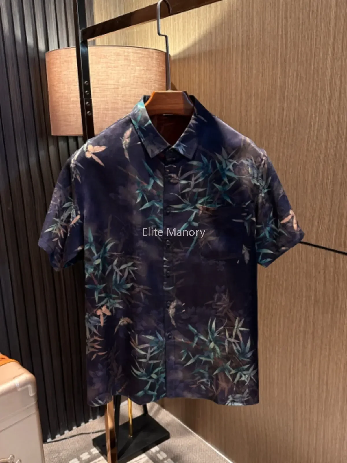 Style Hawaiian 100% mulberry silk! 26 Men's Loose Retro Printed Shirt Men's Silk Short Sleeve Shirt