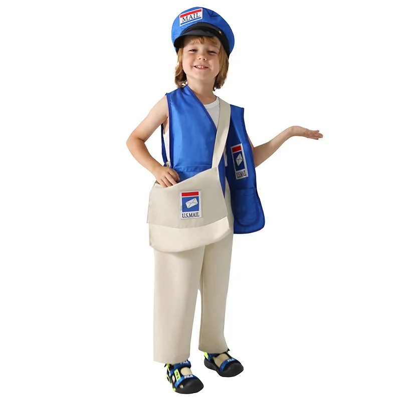 Jongens Meisjes Professionele Postbode Cosplay Mail Carrier Uniform Kostuum Halloween Kind Met Hoed Postbode