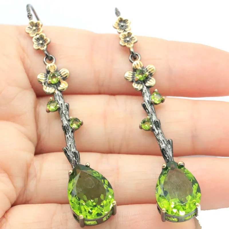 72x12mm Long 10.7g Green Peridot Pink Kunzite Blue Aquamarine Women Black Gold Silver Earrings